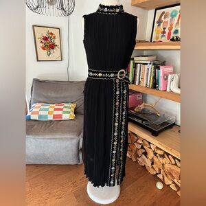 Vintage Elegant Black Pleated Dress with Embroidered Belt